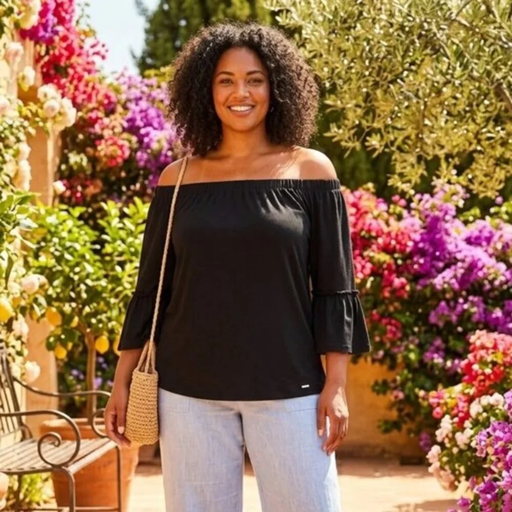 NWT Michael Kors Off-The-Shoulder Bell Sleeve Black Chic Top XL